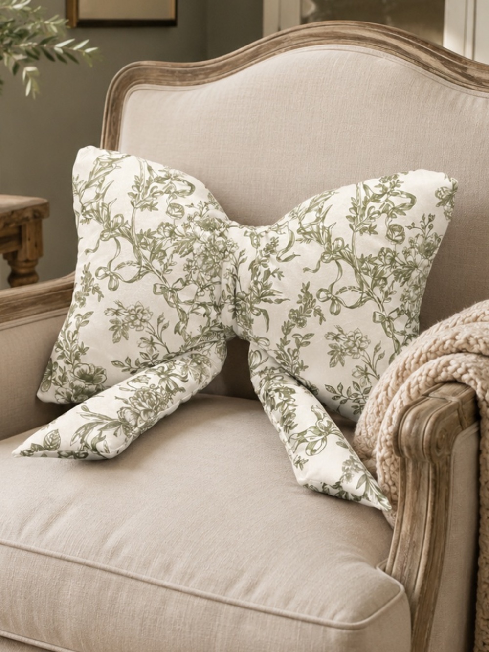 NWT Bridgerton meets country farmhouse style - forest green and ivory bow pillow